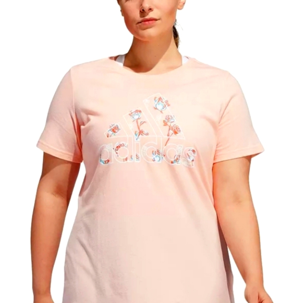 Adidas Womens 3X PASTEL ORANGE FLORAL- PRINT LOGO TEE SHIRT